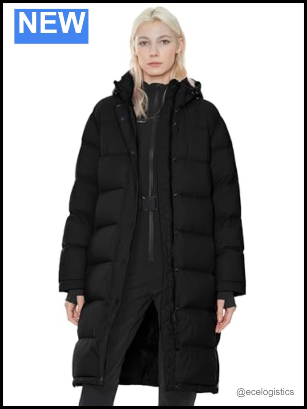 Women's Long Down Jacket Detachable Hood Puffer Coat with Hem Slit